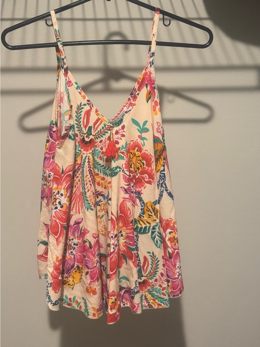 Floral Spaghetti Strap Tank Top - Cream with Pink & Coral Blooms